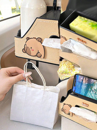 1pc Cartoon Car Backseat Storage Organizer With Cup Holder, Tissue Slot & Hooks| Universal Fit, Lovely Decor For Panda-Themed Vehicles