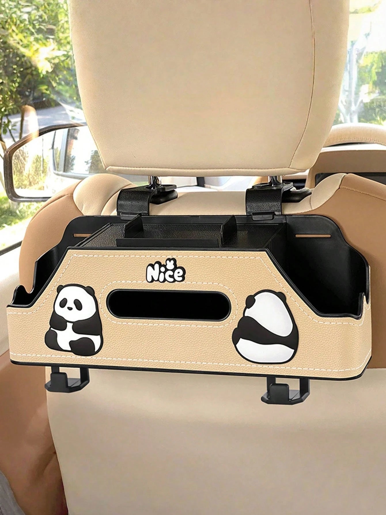 1pc Cartoon Car Backseat Storage Organizer With Cup Holder, Tissue Slot & Hooks| Universal Fit, Lovely Decor For Panda-Themed Vehicles