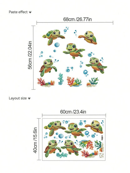 1pc Cartoon Kids Room Wall Sticker, Underwater Turtle, Rabbit And Butterfly On Tree Stump, Dinosaur Stack, Sun Rainbow Cloud, Bathing Crocodile, PVC Self-Adhesive Removable Wall Decal, Suitable For Be
