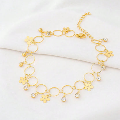 1pc Casual Minimalist 24K Gold Plated Four-Leaf Clover Inlaid Round Buckle Design Anklet, Essential Women's Luxury Gold Accessory For Summer Travel, Beach Vacation And Daily Wear