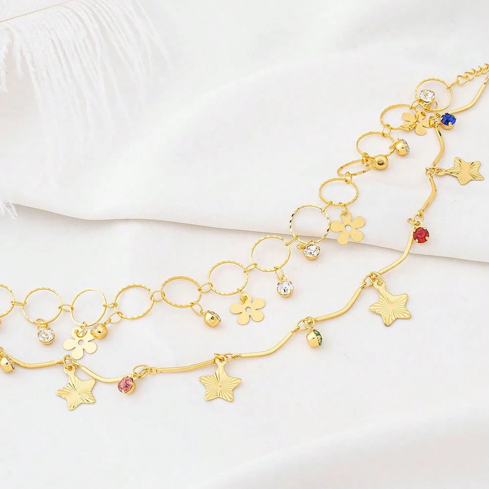 1pc Casual Minimalist 24K Gold Plated Four-Leaf Clover Inlaid Round Buckle Design Anklet, Essential Women's Luxury Gold Accessory For Summer Travel, Beach Vacation And Daily Wear