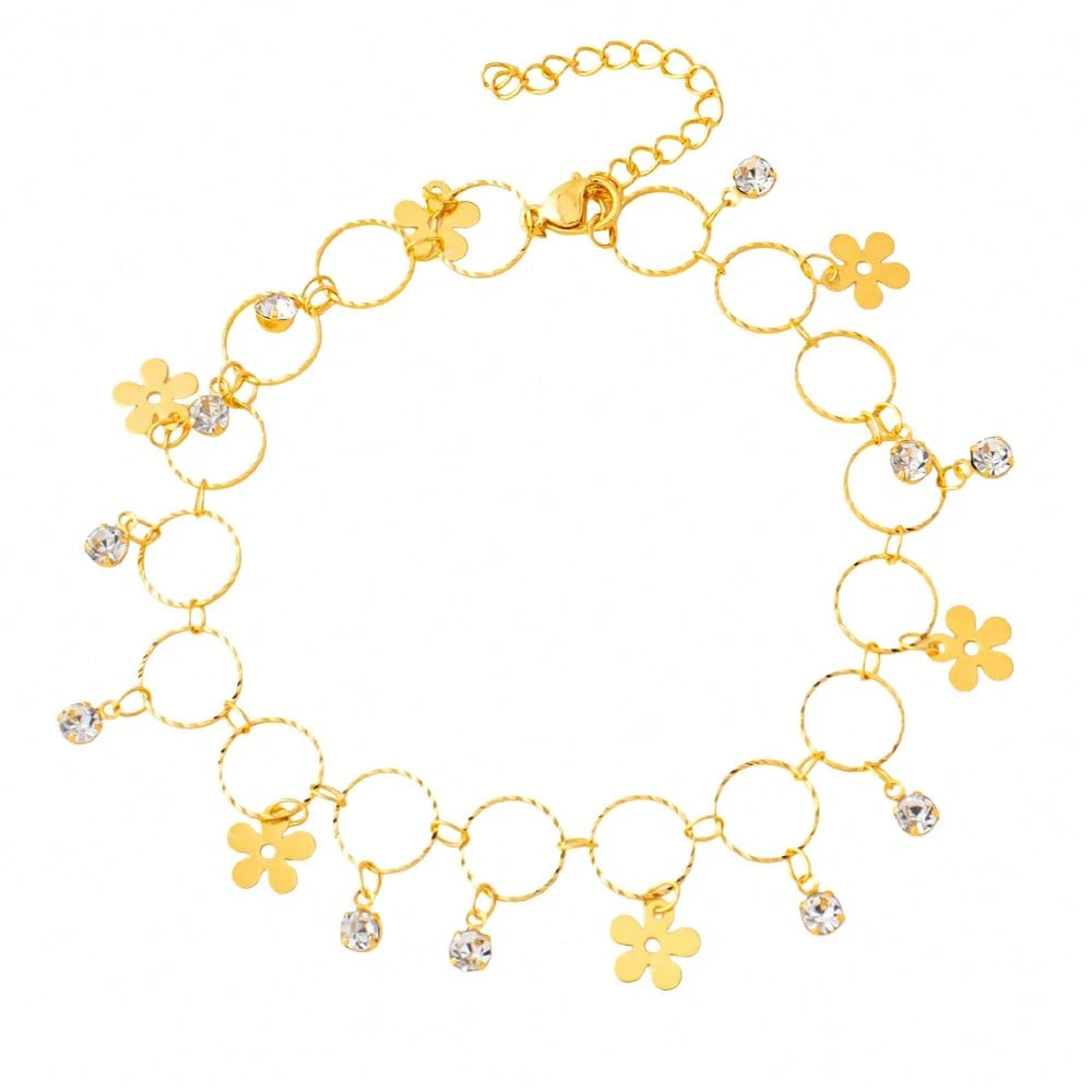 1pc Casual Minimalist 24K Gold Plated Four-Leaf Clover Inlaid Round Buckle Design Anklet, Essential Women's Luxury Gold Accessory For Summer Travel, Beach Vacation And Daily Wear