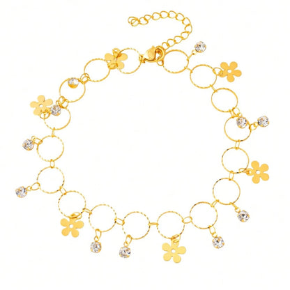 1pc Casual Minimalist 24K Gold Plated Four-Leaf Clover Inlaid Round Buckle Design Anklet, Essential Women's Luxury Gold Accessory For Summer Travel, Beach Vacation And Daily Wear