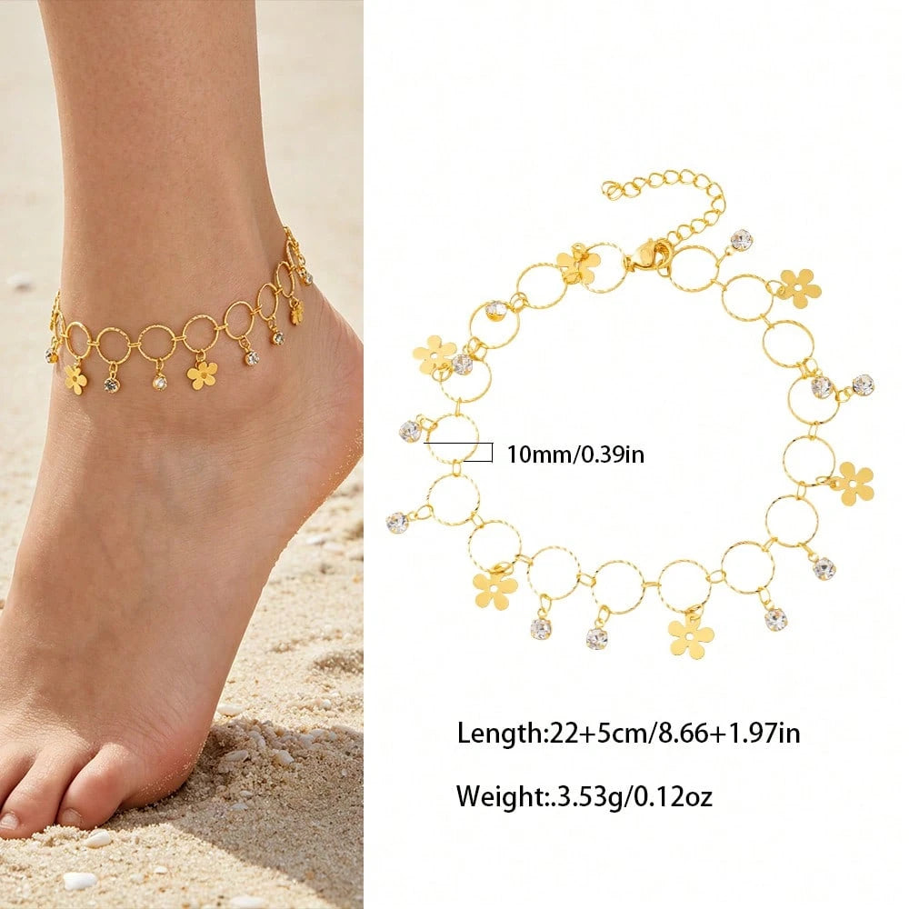 1pc Casual Minimalist 24K Gold Plated Four-Leaf Clover Inlaid Round Buckle Design Anklet, Essential Women's Luxury Gold Accessory For Summer Travel, Beach Vacation And Daily Wear