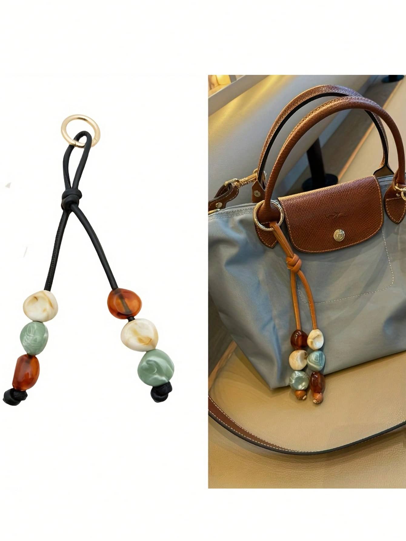 1pc Colorful Beaded Keychain, Suitable For Women's Bags- Metal Key Ring With Resin Beads, Vibrant Green, Blue, Orange And White Design, Durable And Fashionable, Can Be Used As Key, Wallet And Handbag