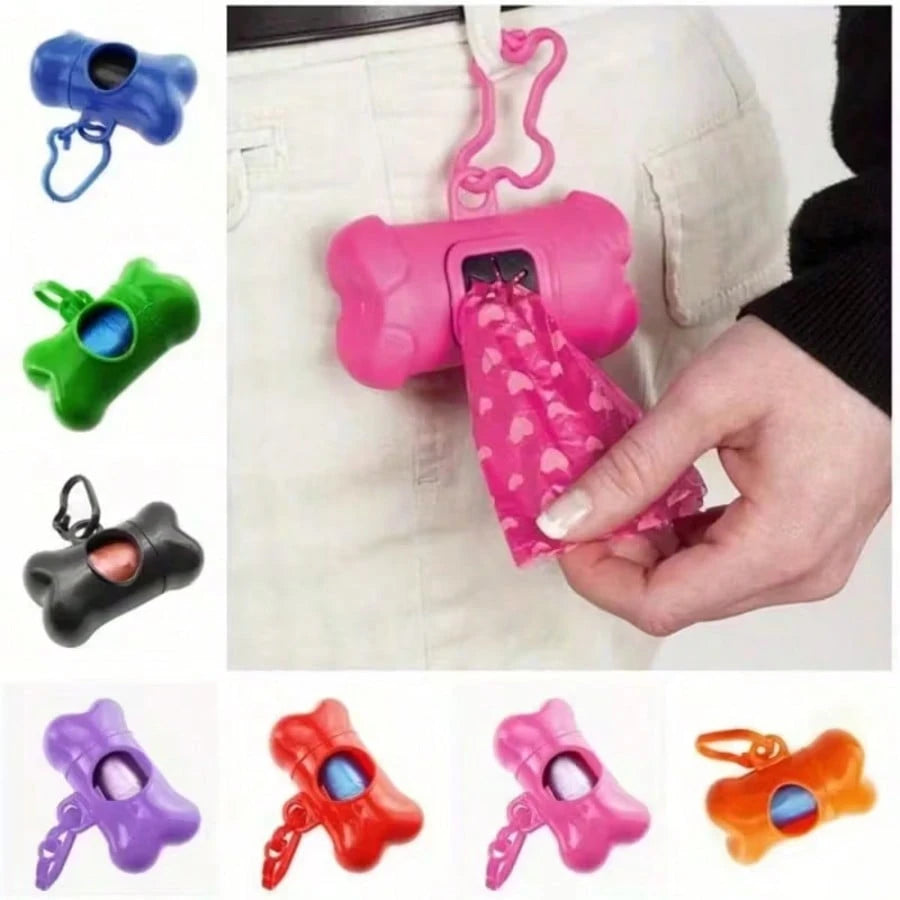 1pc Colorful Bone-Shaped Bag Dispenser, Plastic, With 15 Disposable Bags, Portable Pet Waste Holder, Small Dog Bag Dispenser With Hook For Outdoor Walking And Training (Random Color Trash Bags Inside)