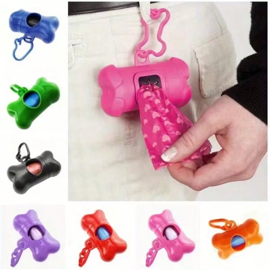 1pc Colorful Bone-Shaped Bag Dispenser, Plastic, With 15 Disposable Bags, Portable Pet Waste Holder, Small Dog Bag Dispenser With Hook For Outdoor Walking And Training (Random Color Trash Bags Inside)