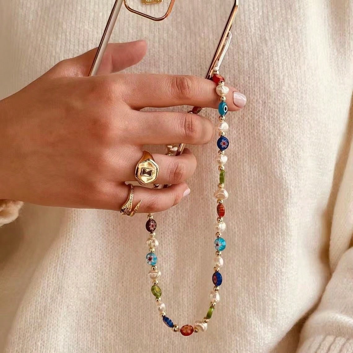 1pc Colorful Faux Pearl Devil's Eye Glass Phone Case Lanyard, Suitable For Daily Matching As Keychain, Bag Pendant