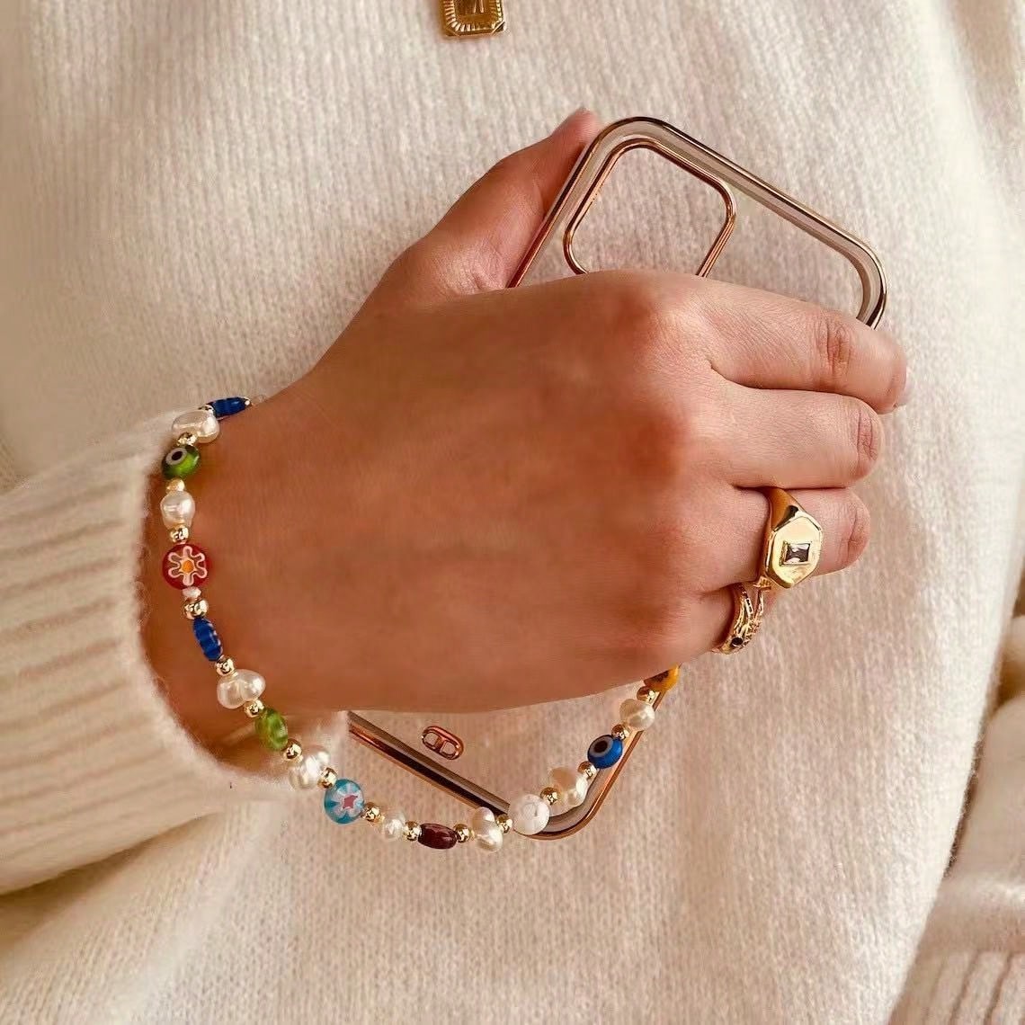 1pc Colorful Faux Pearl Devil's Eye Glass Phone Case Lanyard, Suitable For Daily Matching As Keychain, Bag Pendant