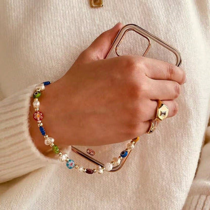 1pc Colorful Faux Pearl Devil's Eye Glass Phone Case Lanyard, Suitable For Daily Matching As Keychain, Bag Pendant