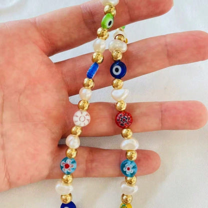1pc Colorful Faux Pearl Devil's Eye Glass Phone Case Lanyard, Suitable For Daily Matching As Keychain, Bag Pendant
