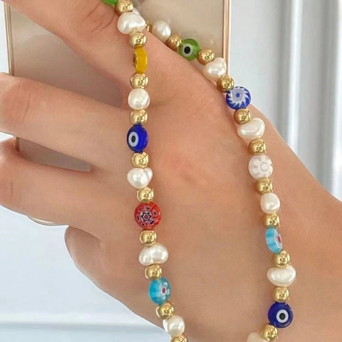 1pc Colorful Faux Pearl Devil's Eye Glass Phone Case Lanyard, Suitable For Daily Matching As Keychain, Bag Pendant