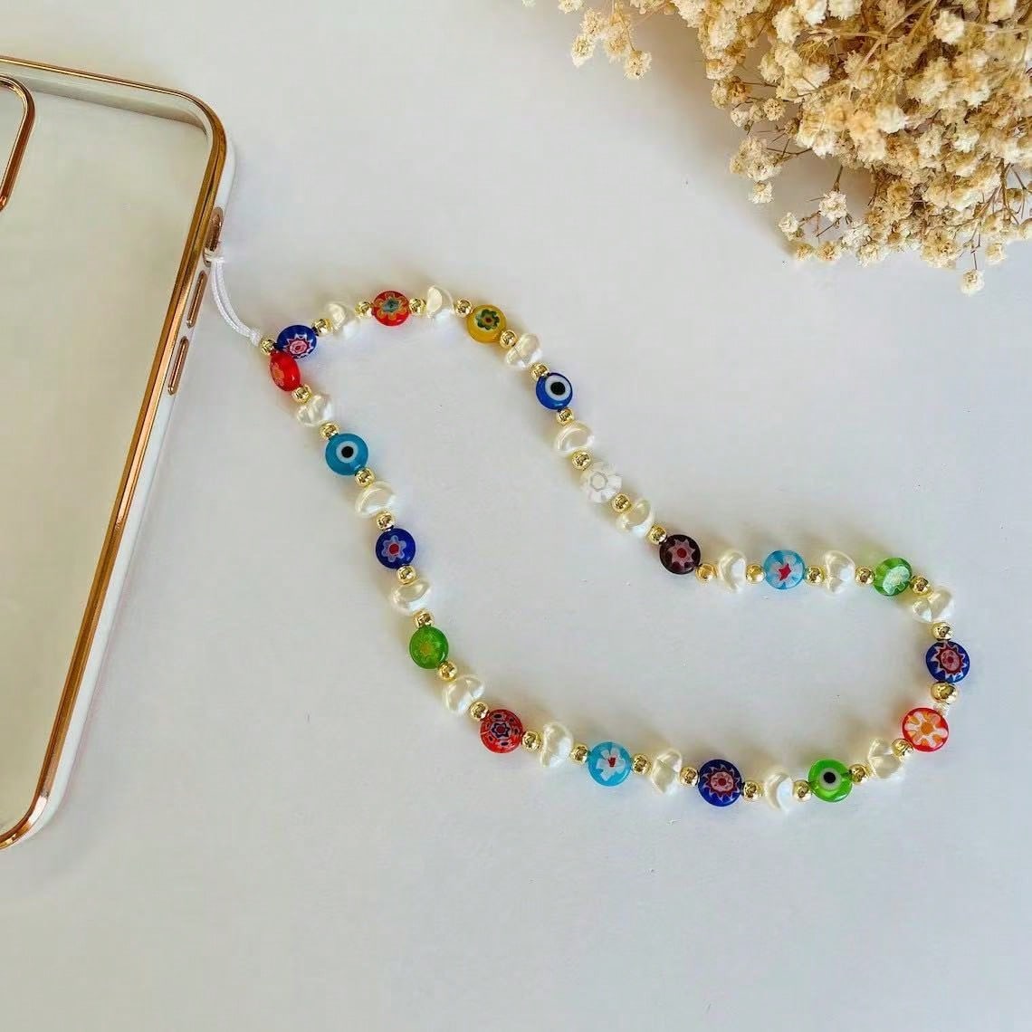 1pc Colorful Faux Pearl Devil's Eye Glass Phone Case Lanyard, Suitable For Daily Matching As Keychain, Bag Pendant