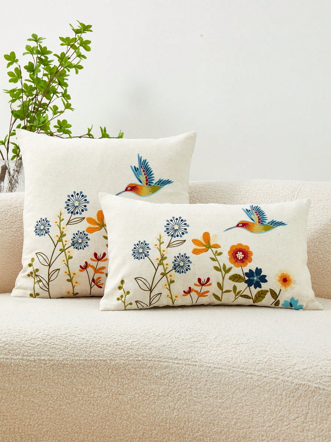 1pc Colorful Flower & Hummingbird Embroidery Pillowcase, Suitable For Indoor Decoration, All Seasons Universal Pillow Cover