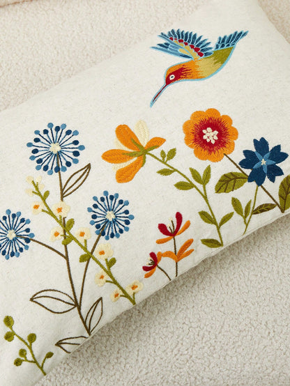 1pc Colorful Flower & Hummingbird Embroidery Pillowcase, Suitable For Indoor Decoration, All Seasons Universal Pillow Cover