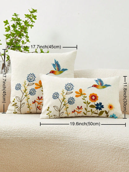 1pc Colorful Flower & Hummingbird Embroidery Pillowcase, Suitable For Indoor Decoration, All Seasons Universal Pillow Cover