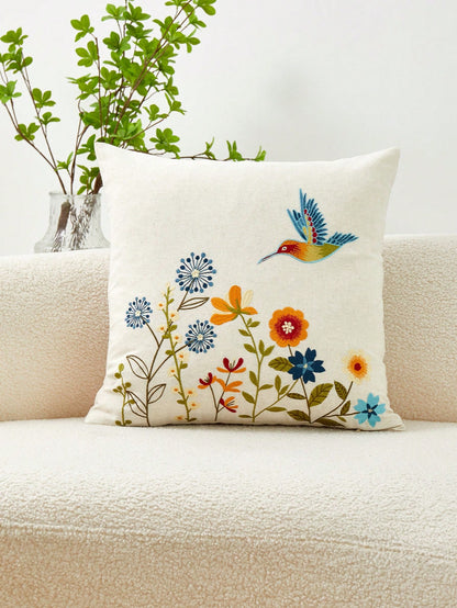 1pc Colorful Flower & Hummingbird Embroidery Pillowcase, Suitable For Indoor Decoration, All Seasons Universal Pillow Cover