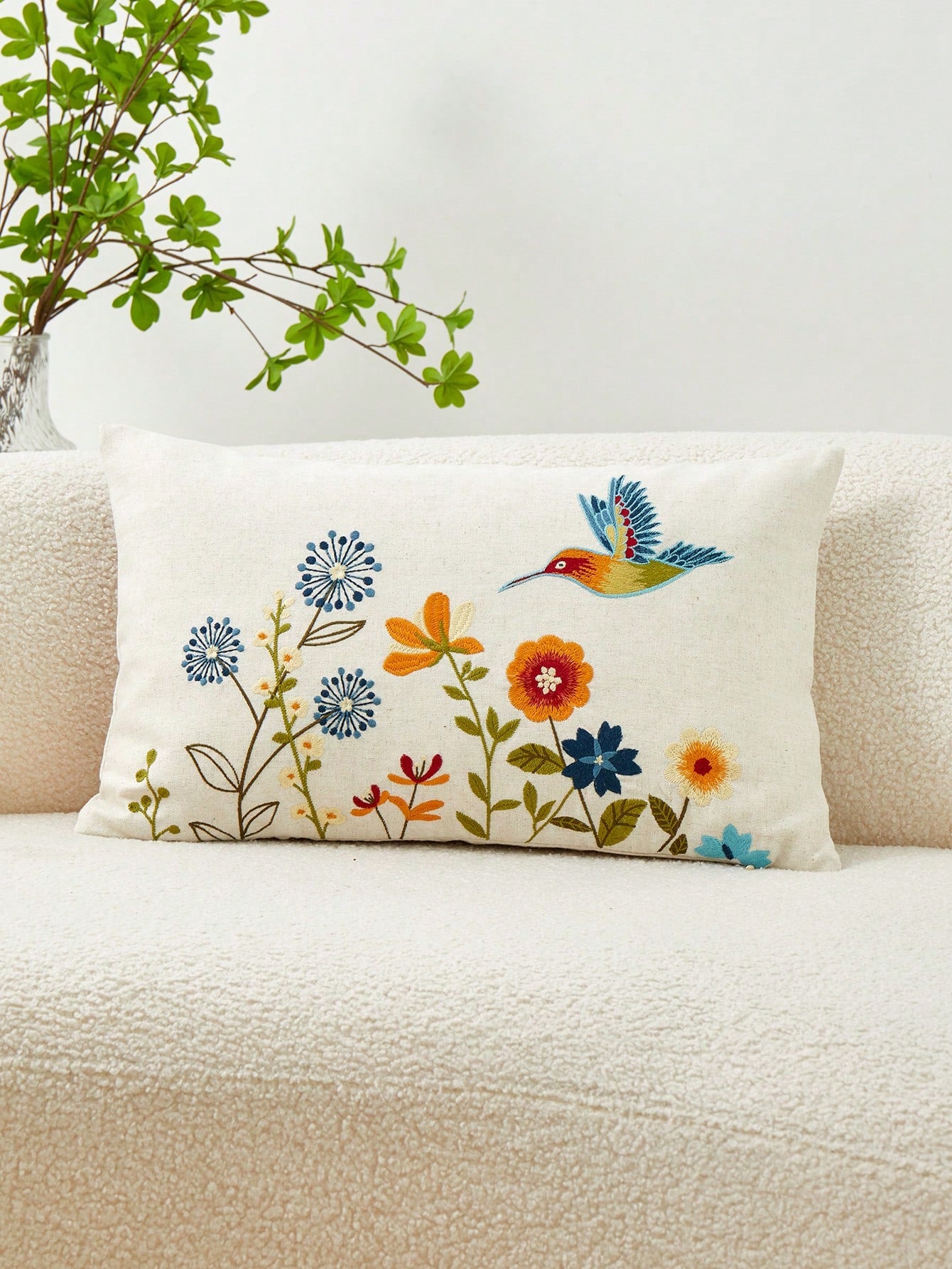 1pc Colorful Flower & Hummingbird Embroidery Pillowcase, Suitable For Indoor Decoration, All Seasons Universal Pillow Cover