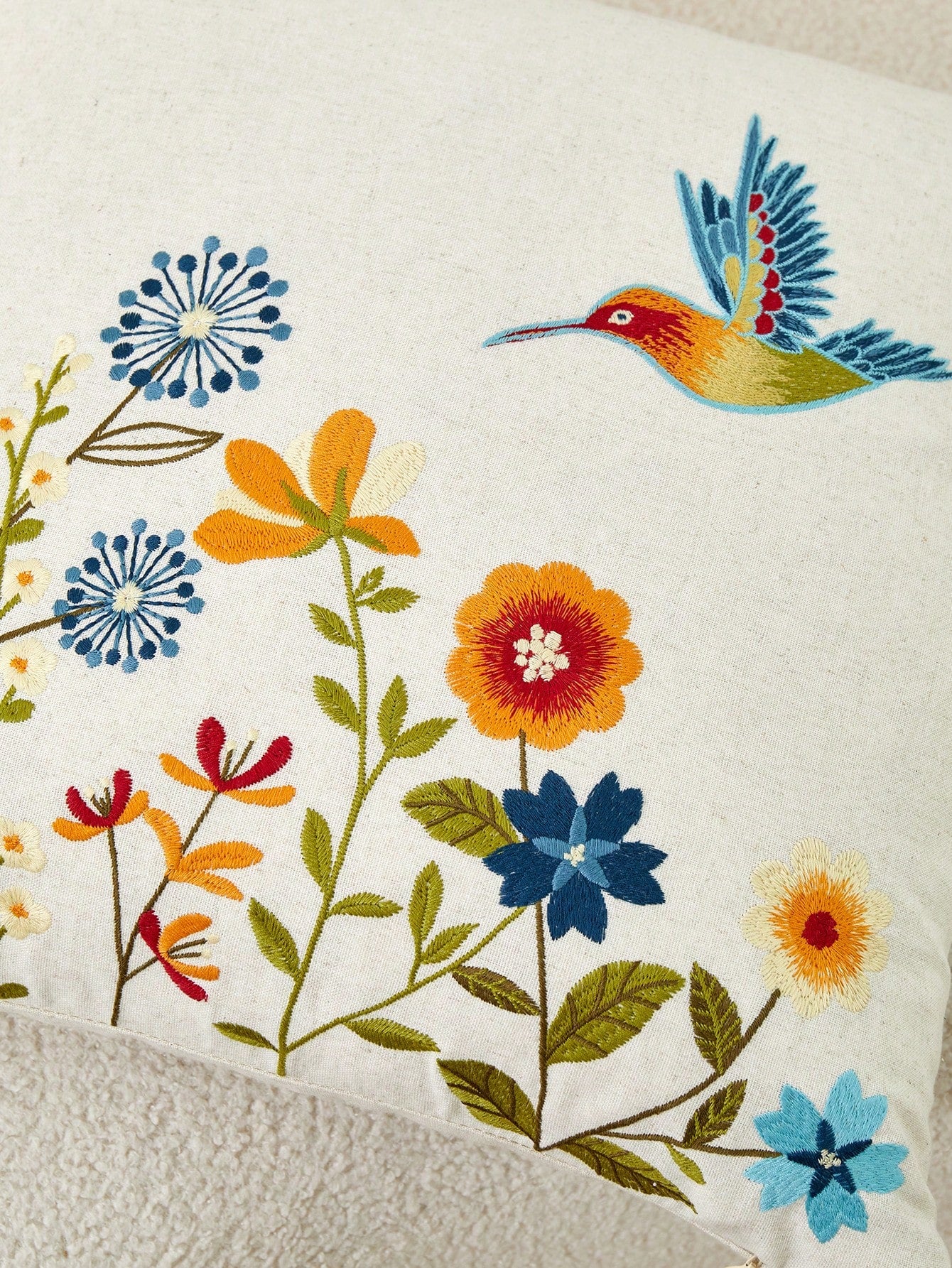 1pc Colorful Flower & Hummingbird Embroidery Pillowcase, Suitable For Indoor Decoration, All Seasons Universal Pillow Cover