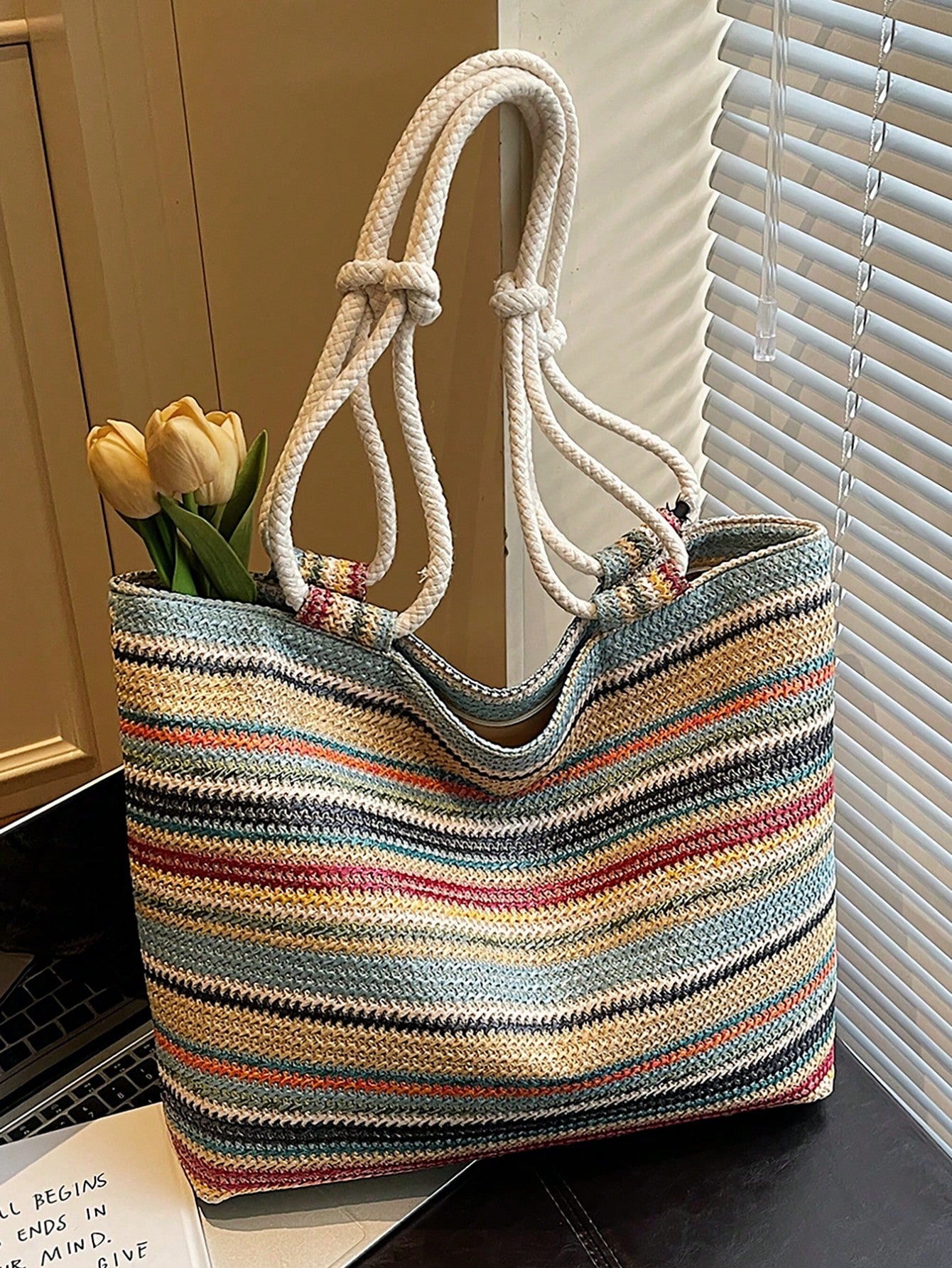 1pc Colorful Large Capacity Women Tote Bag, Shoulder Bag, Beach Bag, Rainbow Bag, Suitable For Outing, Travel, Shopping, Vacation, Can Fit Laptop, Textbooks, Clothes