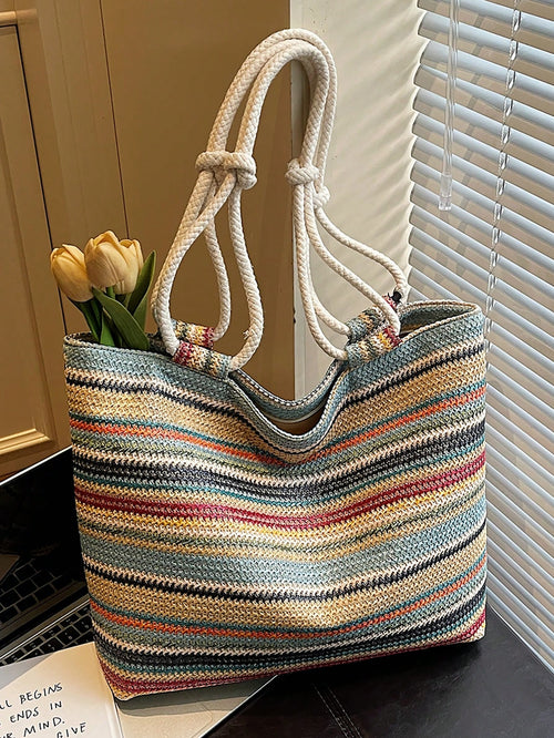 1pc Colorful Large Capacity Women Tote Bag, Shoulder Bag, Beach Bag, Rainbow Bag, Suitable For Outing, Travel, Shopping, Vacation, Can Fit Laptop, Textbooks, Clothes