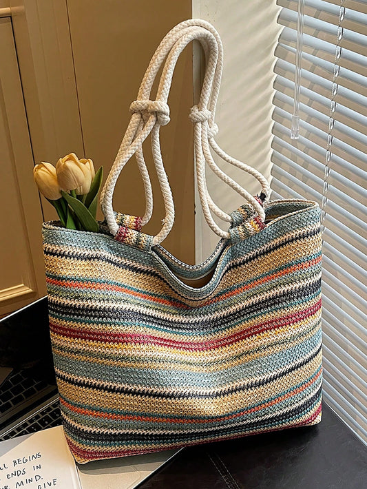 1pc Colorful Large Capacity Women Tote Bag, Shoulder Bag, Beach Bag, Rainbow Bag, Suitable For Outing, Travel, Shopping, Vacation, Can Fit Laptop, Textbooks, Clothes