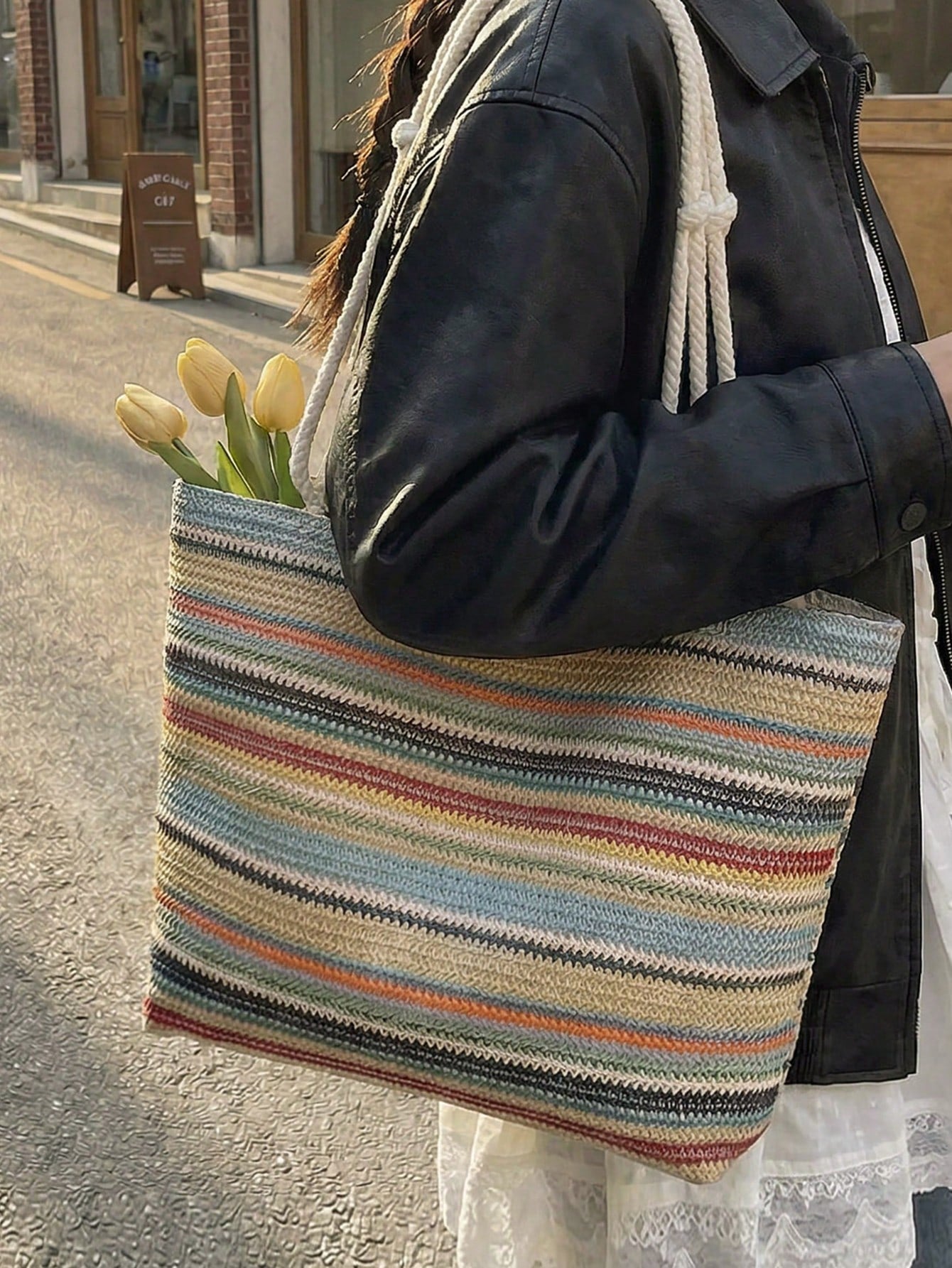 1pc Colorful Large Capacity Women Tote Bag, Shoulder Bag, Beach Bag, Rainbow Bag, Suitable For Outing, Travel, Shopping, Vacation, Can Fit Laptop, Textbooks, Clothes