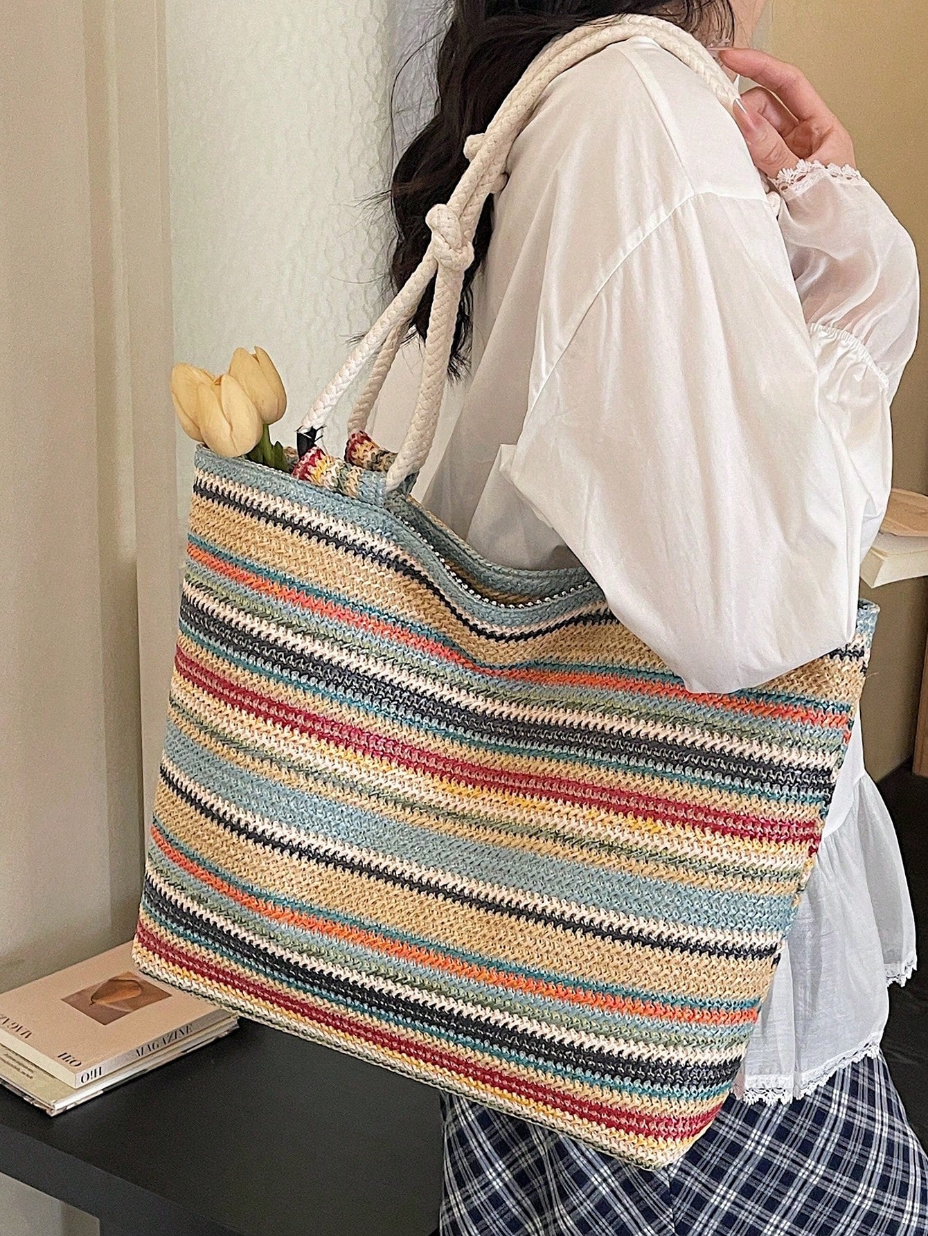 1pc Colorful Large Capacity Women Tote Bag, Shoulder Bag, Beach Bag, Rainbow Bag, Suitable For Outing, Travel, Shopping, Vacation, Can Fit Laptop, Textbooks, Clothes