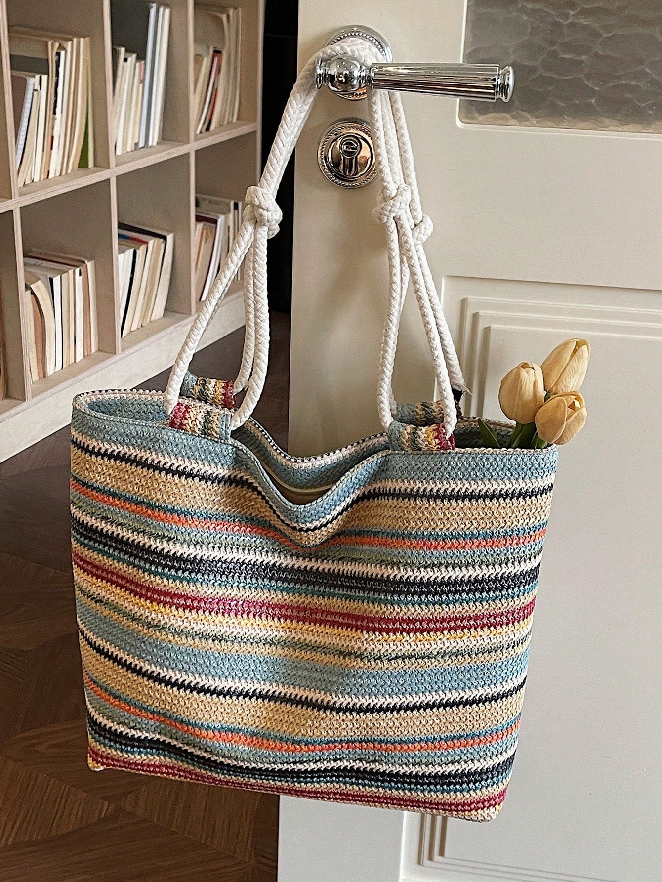 1pc Colorful Large Capacity Women Tote Bag, Shoulder Bag, Beach Bag, Rainbow Bag, Suitable For Outing, Travel, Shopping, Vacation, Can Fit Laptop, Textbooks, Clothes