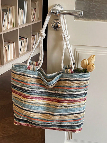 1pc Colorful Large Capacity Women Tote Bag, Shoulder Bag, Beach Bag, Rainbow Bag, Suitable For Outing, Travel, Shopping, Vacation, Can Fit Laptop, Textbooks, Clothes