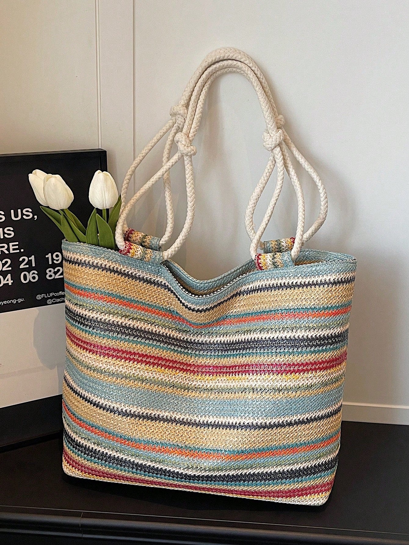 1pc Colorful Large Capacity Women Tote Bag, Shoulder Bag, Beach Bag, Rainbow Bag, Suitable For Outing, Travel, Shopping, Vacation, Can Fit Laptop, Textbooks, Clothes