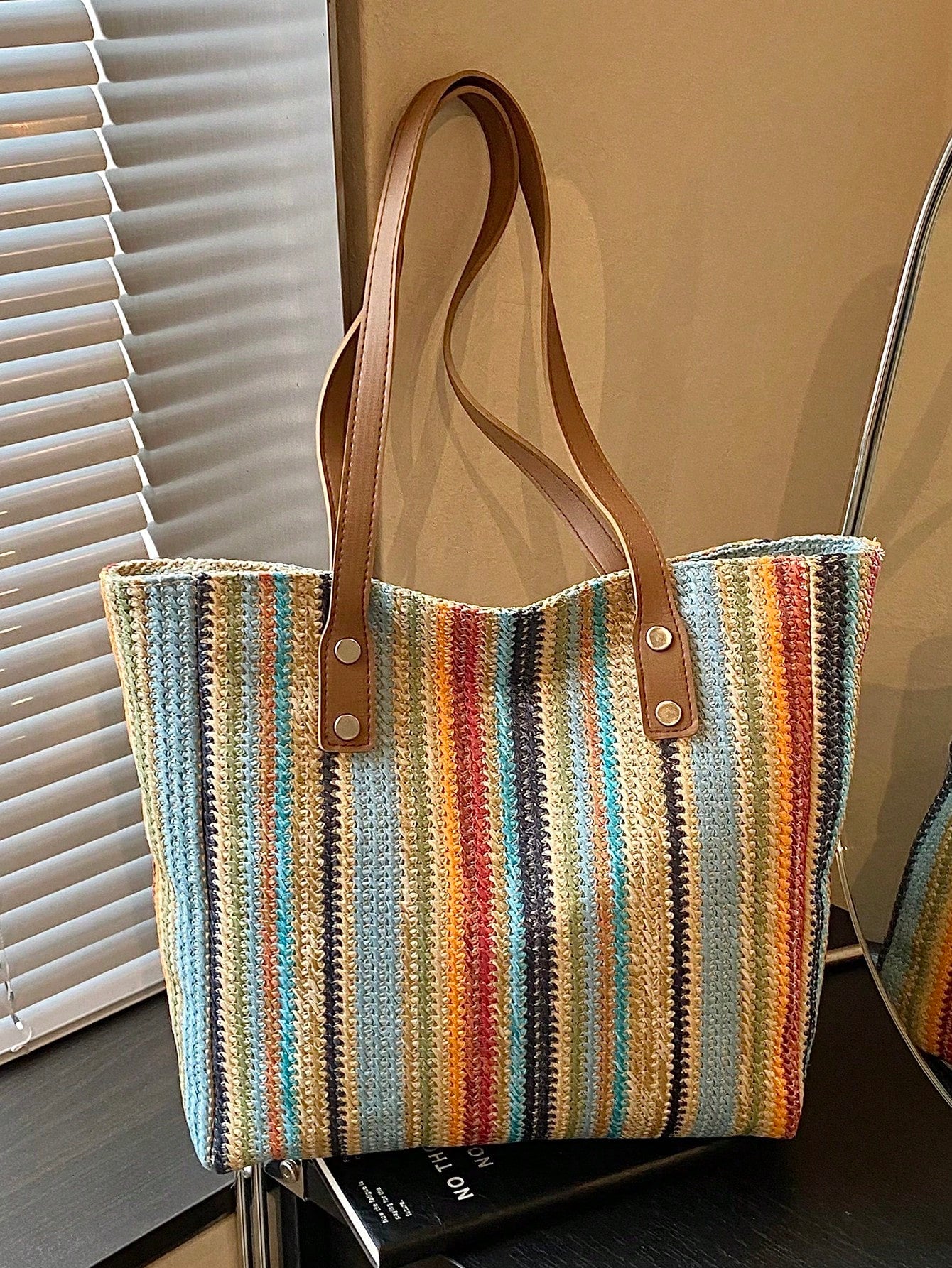 1pc Colorful Large Capacity Women Tote Bag, Shoulder Bag, Beach Bag, Rainbow Bag, Suitable For Outing, Travel, Shopping, Vacation, Can Fit Laptop, Textbooks, Clothes