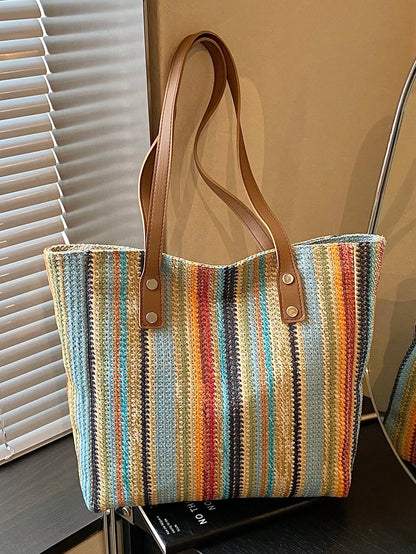 1pc Colorful Large Capacity Women Tote Bag, Shoulder Bag, Beach Bag, Rainbow Bag, Suitable For Outing, Travel, Shopping, Vacation, Can Fit Laptop, Textbooks, Clothes