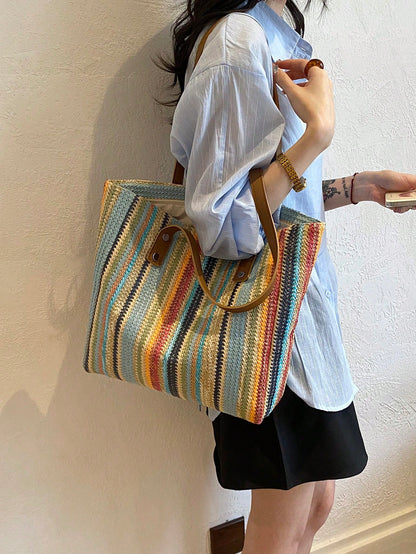 1pc Colorful Large Capacity Women Tote Bag, Shoulder Bag, Beach Bag, Rainbow Bag, Suitable For Outing, Travel, Shopping, Vacation, Can Fit Laptop, Textbooks, Clothes