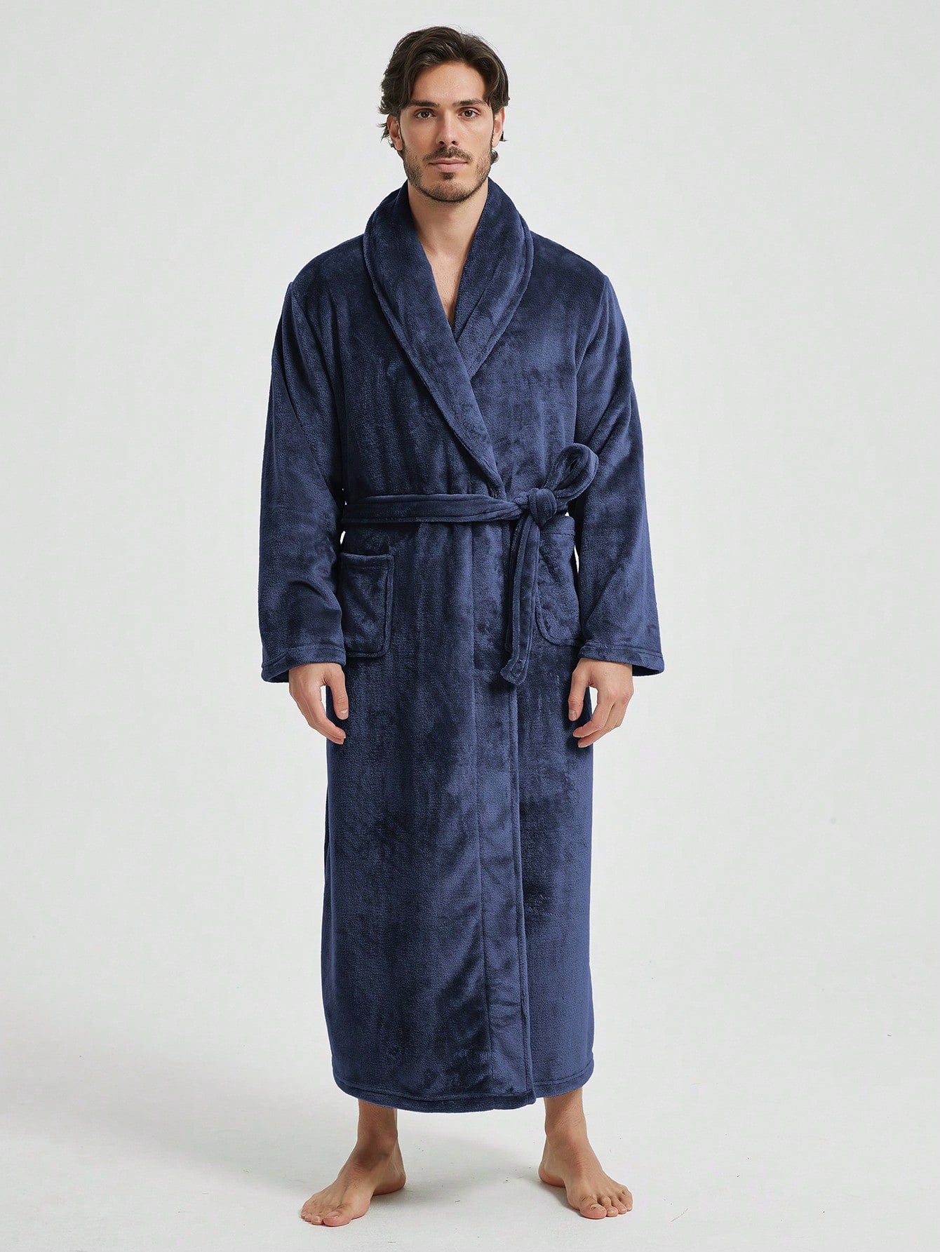 1pc Couple's Warm Flannel Shawl Neck Casual Loose Soft Double Pocket Thermal Lined Long Sleeve Belted Robe, Suitable For Home Wear, Autumn/Winter, For Fall Winter, Fluffy, Cozy