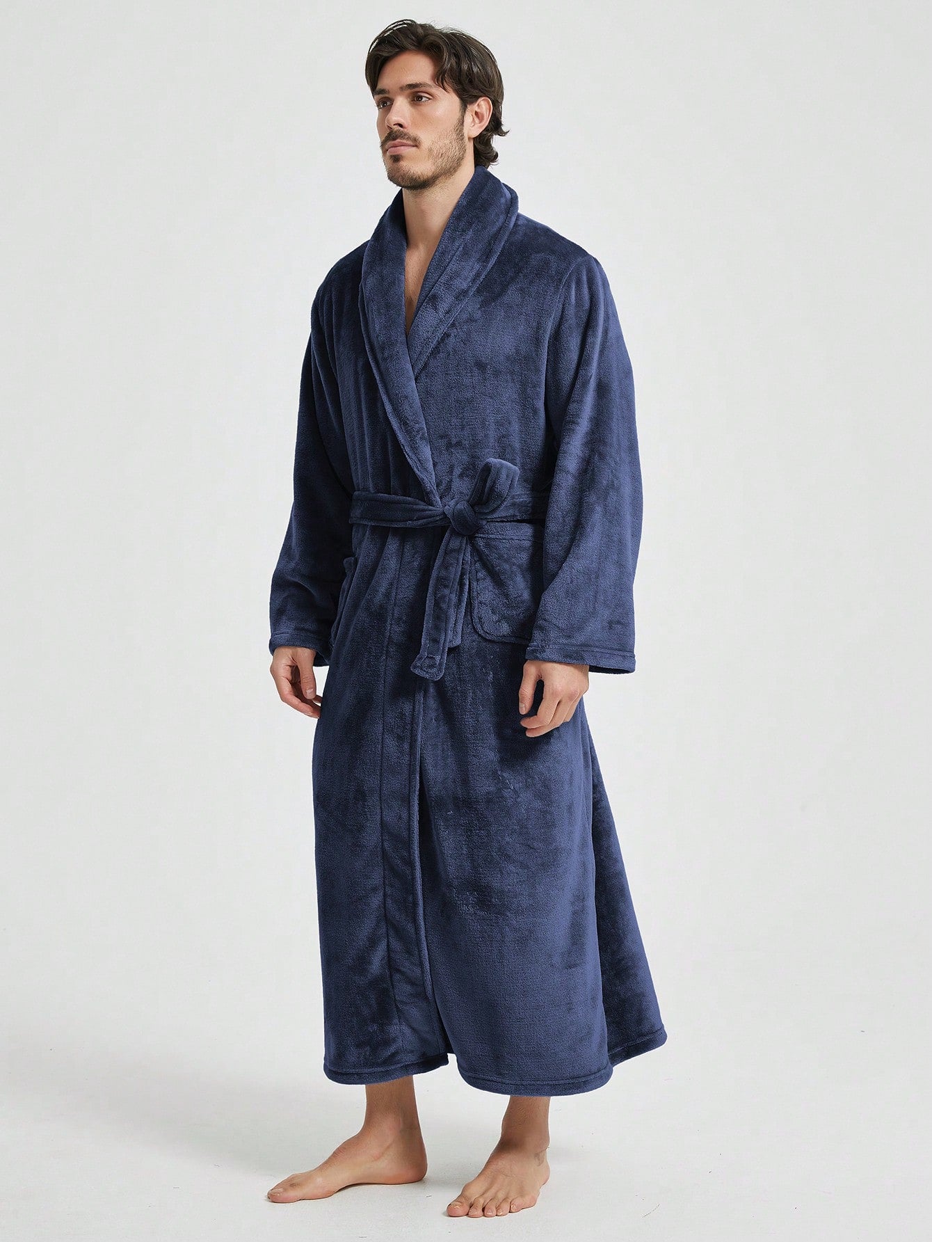 1pc Couple's Warm Flannel Shawl Neck Casual Loose Soft Double Pocket Thermal Lined Long Sleeve Belted Robe, Suitable For Home Wear, Autumn/Winter, For Fall Winter, Fluffy, Cozy