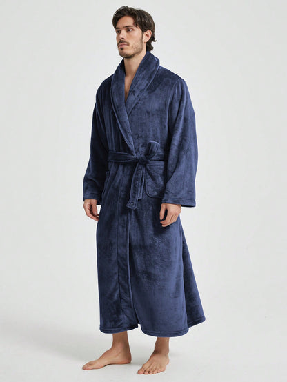 1pc Couple's Warm Flannel Shawl Neck Casual Loose Soft Double Pocket Thermal Lined Long Sleeve Belted Robe, Suitable For Home Wear, Autumn/Winter, For Fall Winter, Fluffy, Cozy