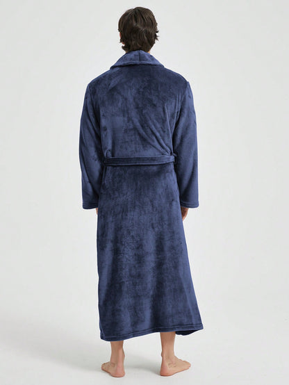 1pc Couple's Warm Flannel Shawl Neck Casual Loose Soft Double Pocket Thermal Lined Long Sleeve Belted Robe, Suitable For Home Wear, Autumn/Winter, For Fall Winter, Fluffy, Cozy