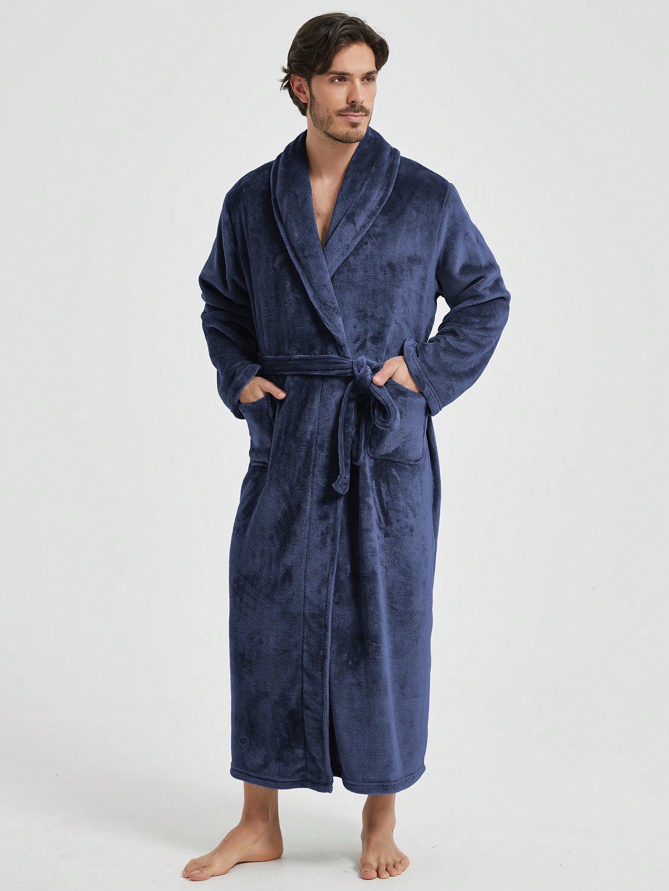 1pc Couple's Warm Flannel Shawl Neck Casual Loose Soft Double Pocket Thermal Lined Long Sleeve Belted Robe, Suitable For Home Wear, Autumn/Winter, For Fall Winter, Fluffy, Cozy