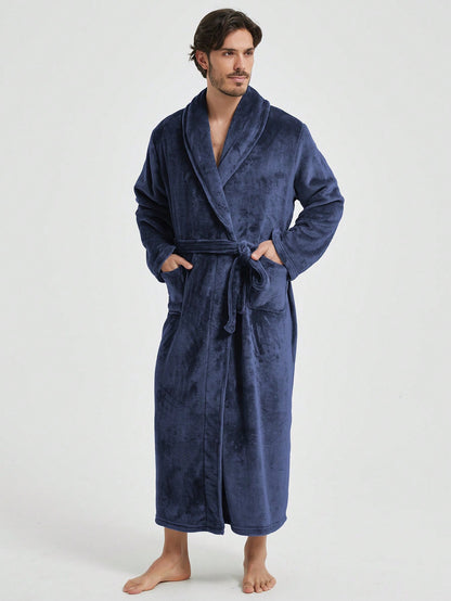 1pc Couple's Warm Flannel Shawl Neck Casual Loose Soft Double Pocket Thermal Lined Long Sleeve Belted Robe, Suitable For Home Wear, Autumn/Winter, For Fall Winter, Fluffy, Cozy