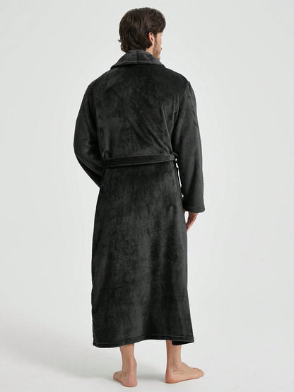 1pc Couple's Warm Flannel Shawl Neck Casual Loose Soft Double Pocket Thermal Lined Long Sleeve Belted Robe, Suitable For Home Wear, Autumn/Winter, For Fall Winter, Fluffy, Cozy