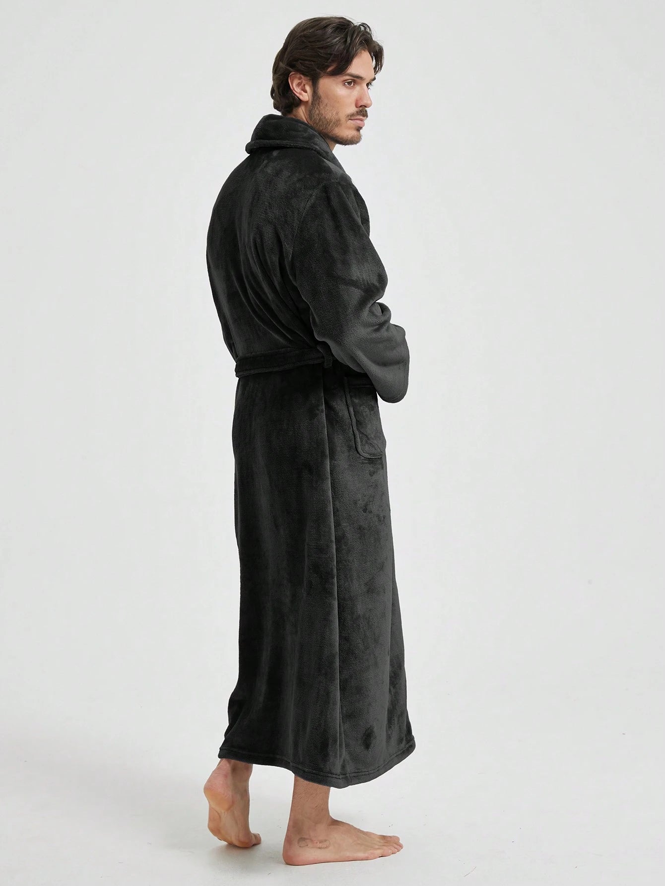 1pc Couple's Warm Flannel Shawl Neck Casual Loose Soft Double Pocket Thermal Lined Long Sleeve Belted Robe, Suitable For Home Wear, Autumn/Winter, For Fall Winter, Fluffy, Cozy