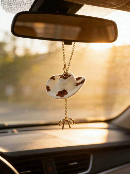 1pc Cowboy Hat Bow Car Hanging Simple Luxury Rearview Mirror Pendant Interior Decoration Accessories