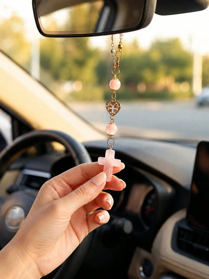 1pc Cross Car Hanging Ornament Set With Gold Chain And Rose Quartz Beads, Round Religious Cross Pendant, Minimalist Cute Christian Car Interior Decor, Bohemian Style Car Rearview Mirror Accessory, Ros