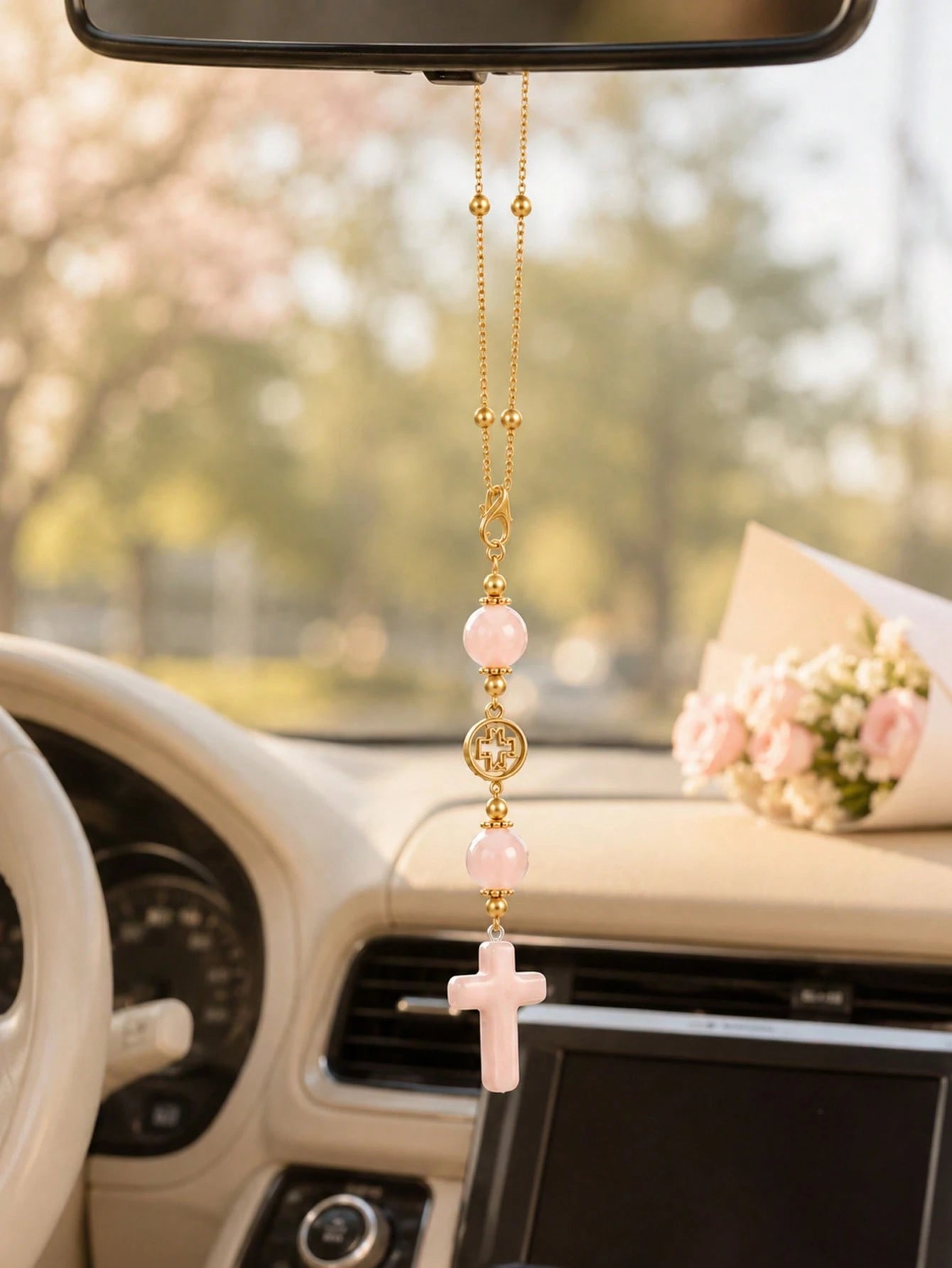 1pc Cross Car Hanging Ornament Set With Gold Chain And Rose Quartz Beads, Round Religious Cross Pendant, Minimalist Cute Christian Car Interior Decor, Bohemian Style Car Rearview Mirror Accessory, Ros