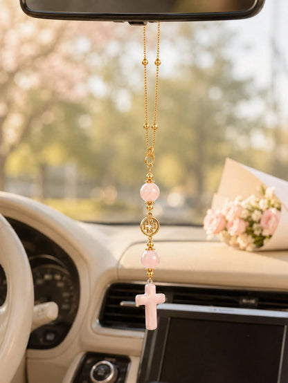 1pc Cross Car Hanging Ornament Set With Gold Chain And Rose Quartz Beads, Round Religious Cross Pendant, Minimalist Cute Christian Car Interior Decor, Bohemian Style Car Rearview Mirror Accessory, Ros