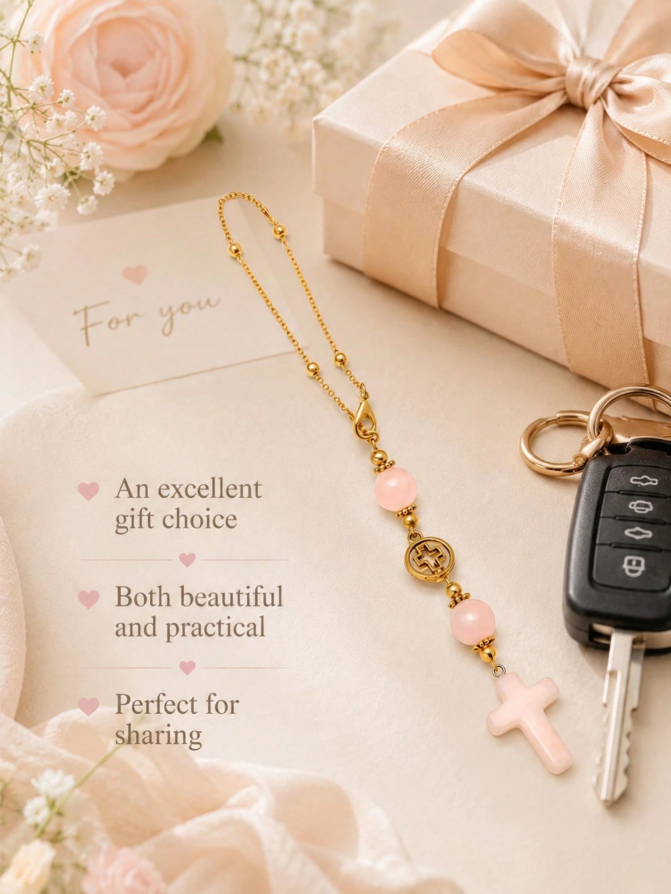 1pc Cross Car Hanging Ornament Set With Gold Chain And Rose Quartz Beads, Round Religious Cross Pendant, Minimalist Cute Christian Car Interior Decor, Bohemian Style Car Rearview Mirror Accessory, Ros