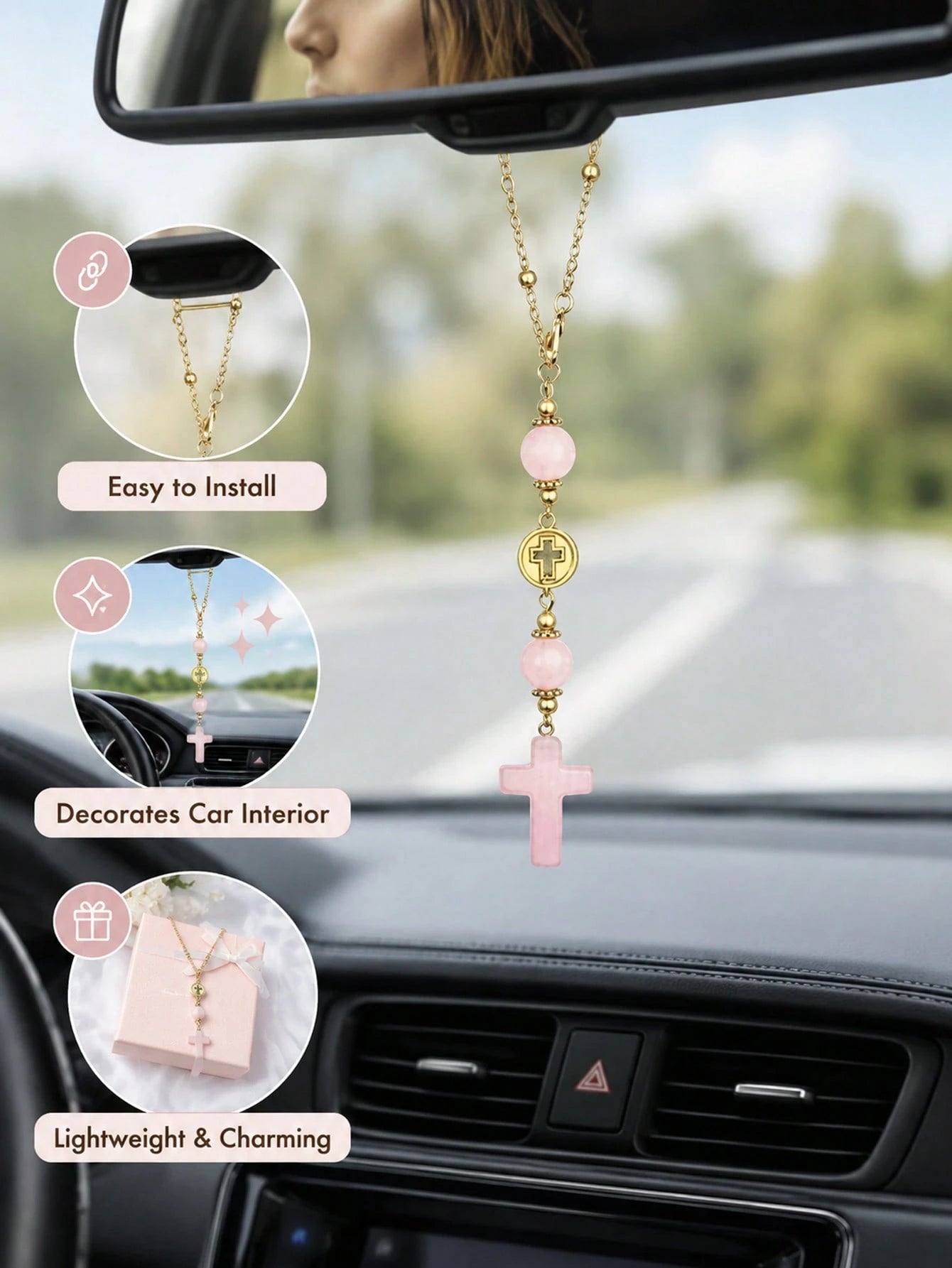 1pc Cross Car Hanging Ornament Set With Gold Chain And Rose Quartz Beads, Round Religious Cross Pendant, Minimalist Cute Christian Car Interior Decor, Bohemian Style Car Rearview Mirror Accessory, Ros