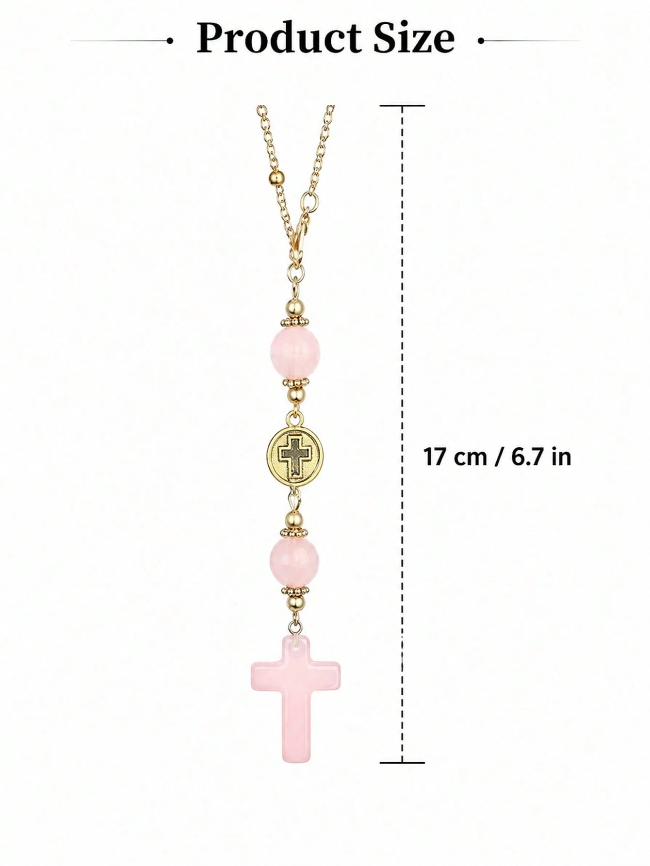 1pc Cross Car Hanging Ornament Set With Gold Chain And Rose Quartz Beads, Round Religious Cross Pendant, Minimalist Cute Christian Car Interior Decor, Bohemian Style Car Rearview Mirror Accessory, Ros