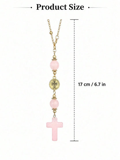 1pc Cross Car Hanging Ornament Set With Gold Chain And Rose Quartz Beads, Round Religious Cross Pendant, Minimalist Cute Christian Car Interior Decor, Bohemian Style Car Rearview Mirror Accessory, Ros